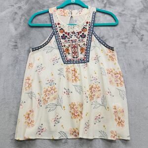 JOLT Top Womens S Cream Floral Crochet Embroidered Trim Sleeveless Halter Tank